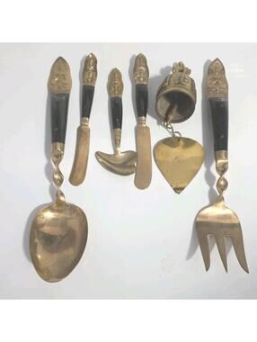 Set 5 Vintage Thai Siam Brass Bronze porcelain Handle Serving Utensils and bell.